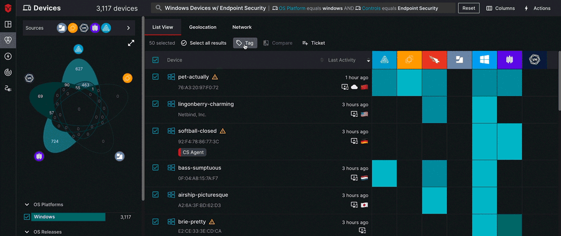 Selecting the "Tags" button. Opening Actions Panel.