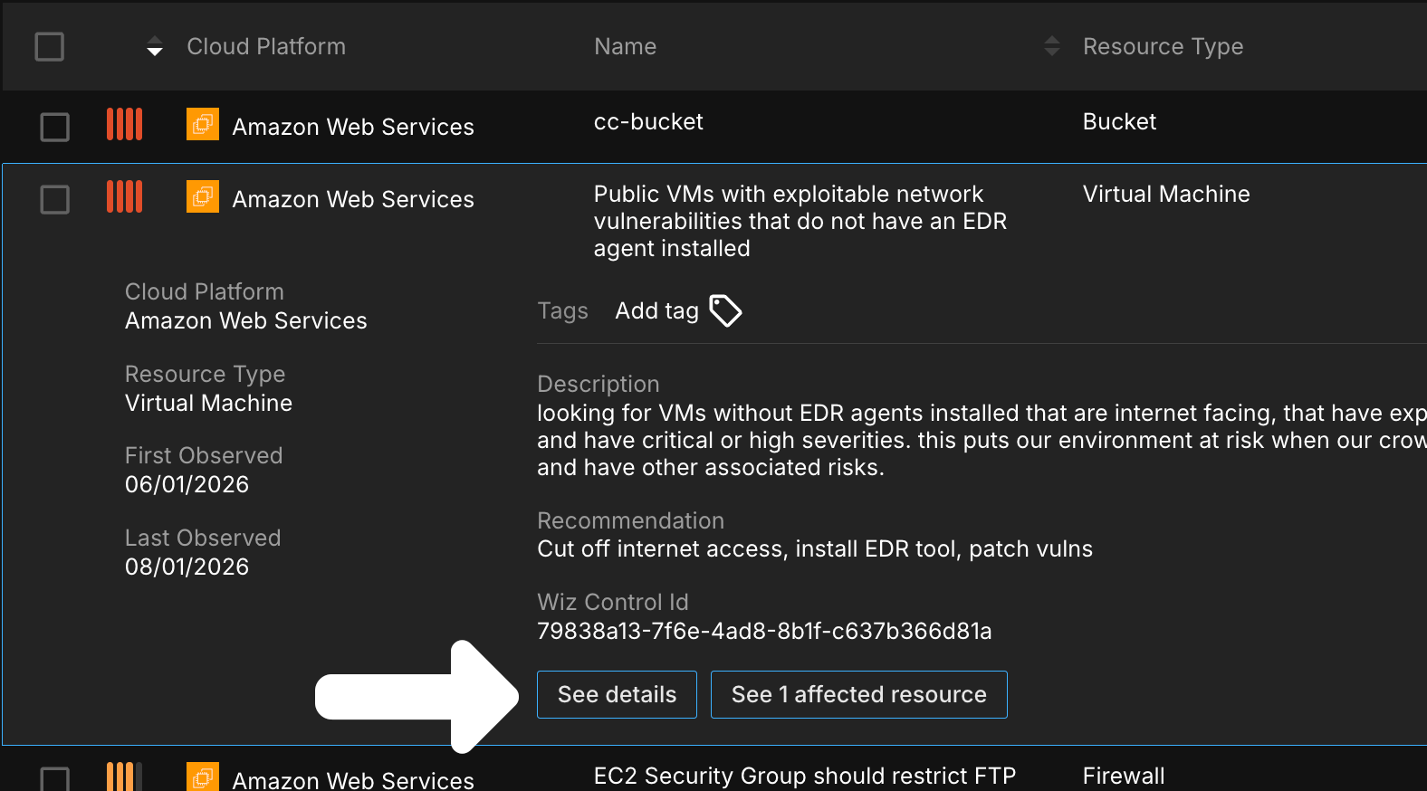 Navigating to Cloud Vuln details page