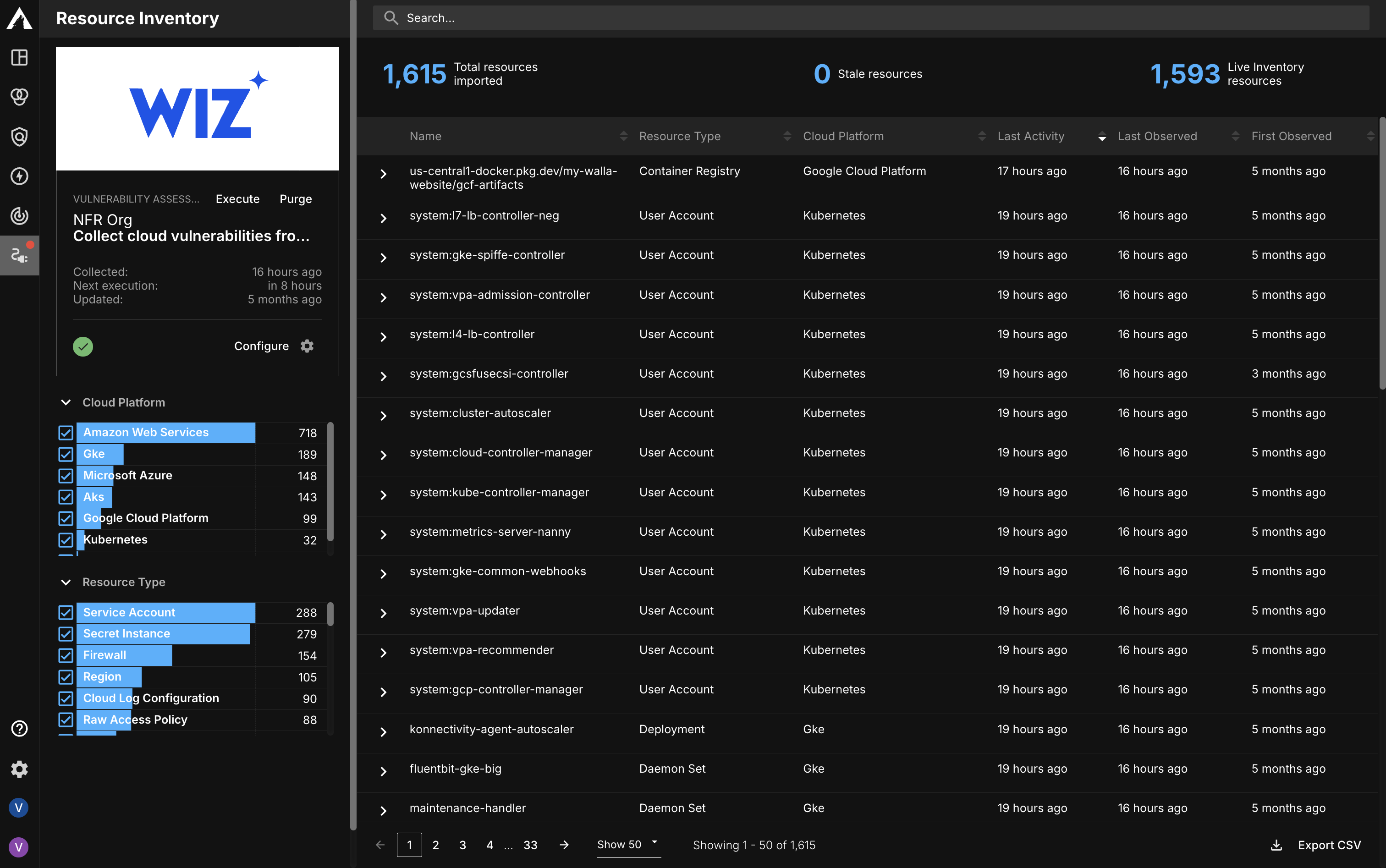 Resource Source Inventory page