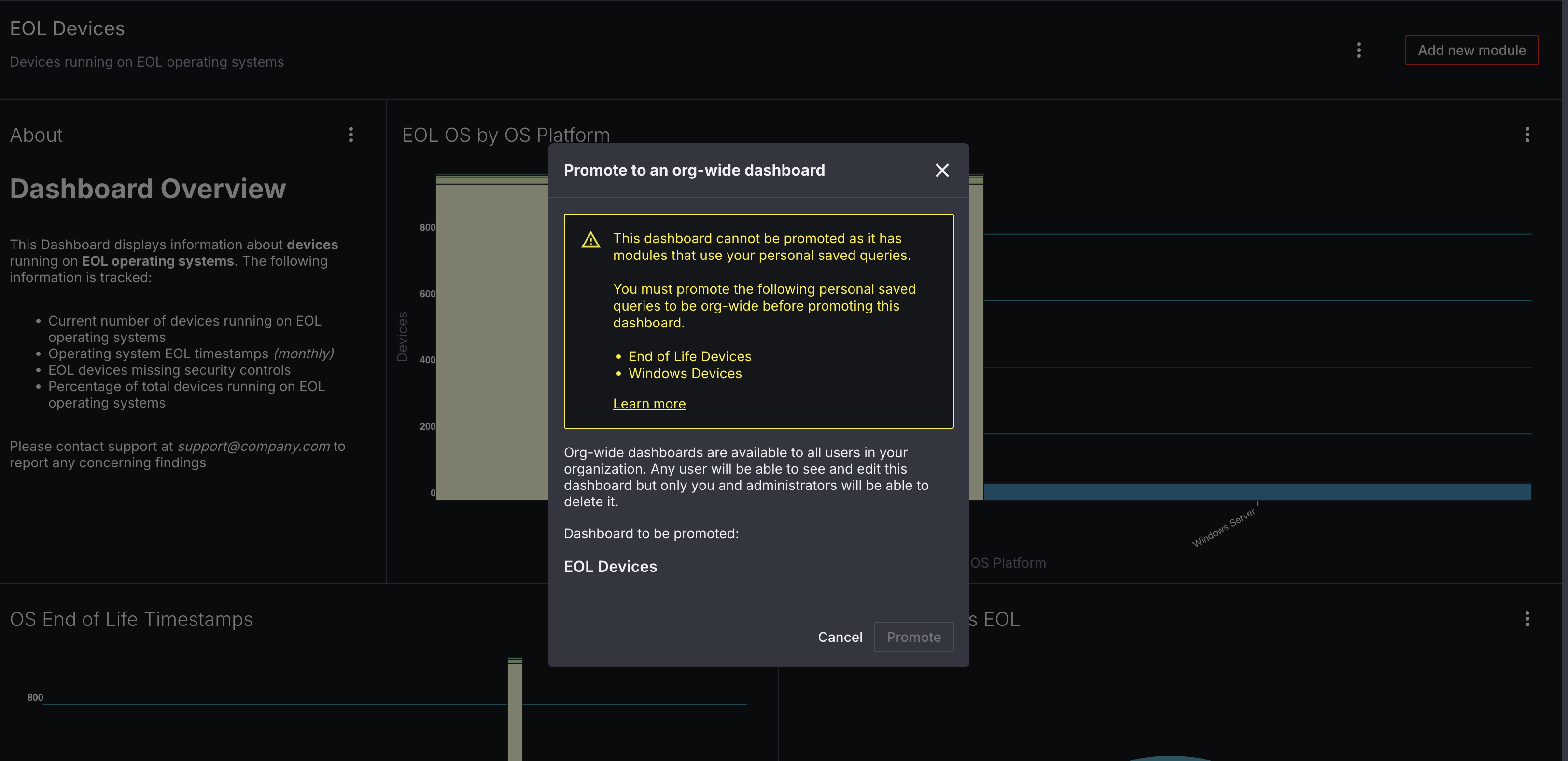 Error message for promoting dashboard to org-wide