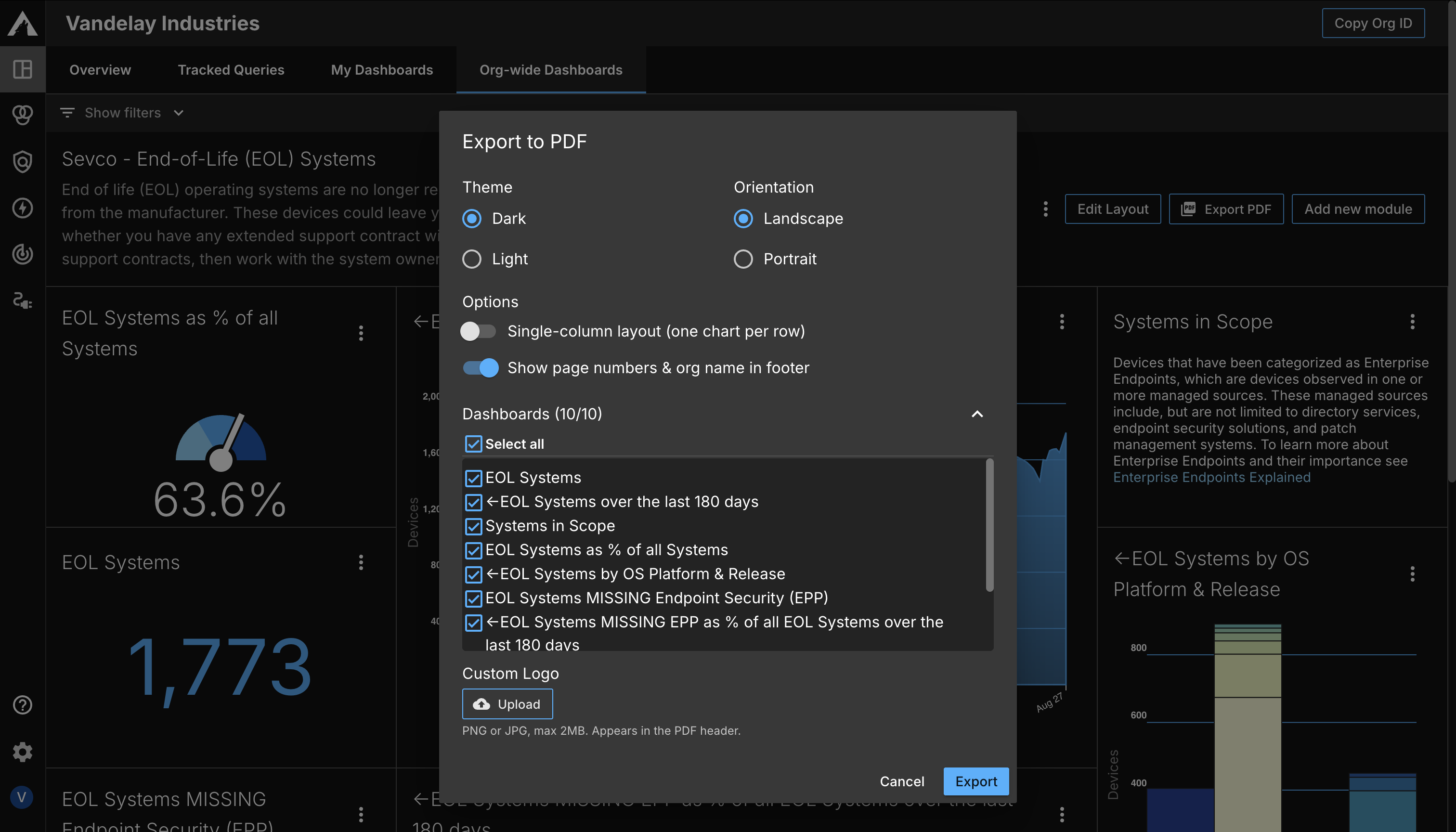 PDF export popup