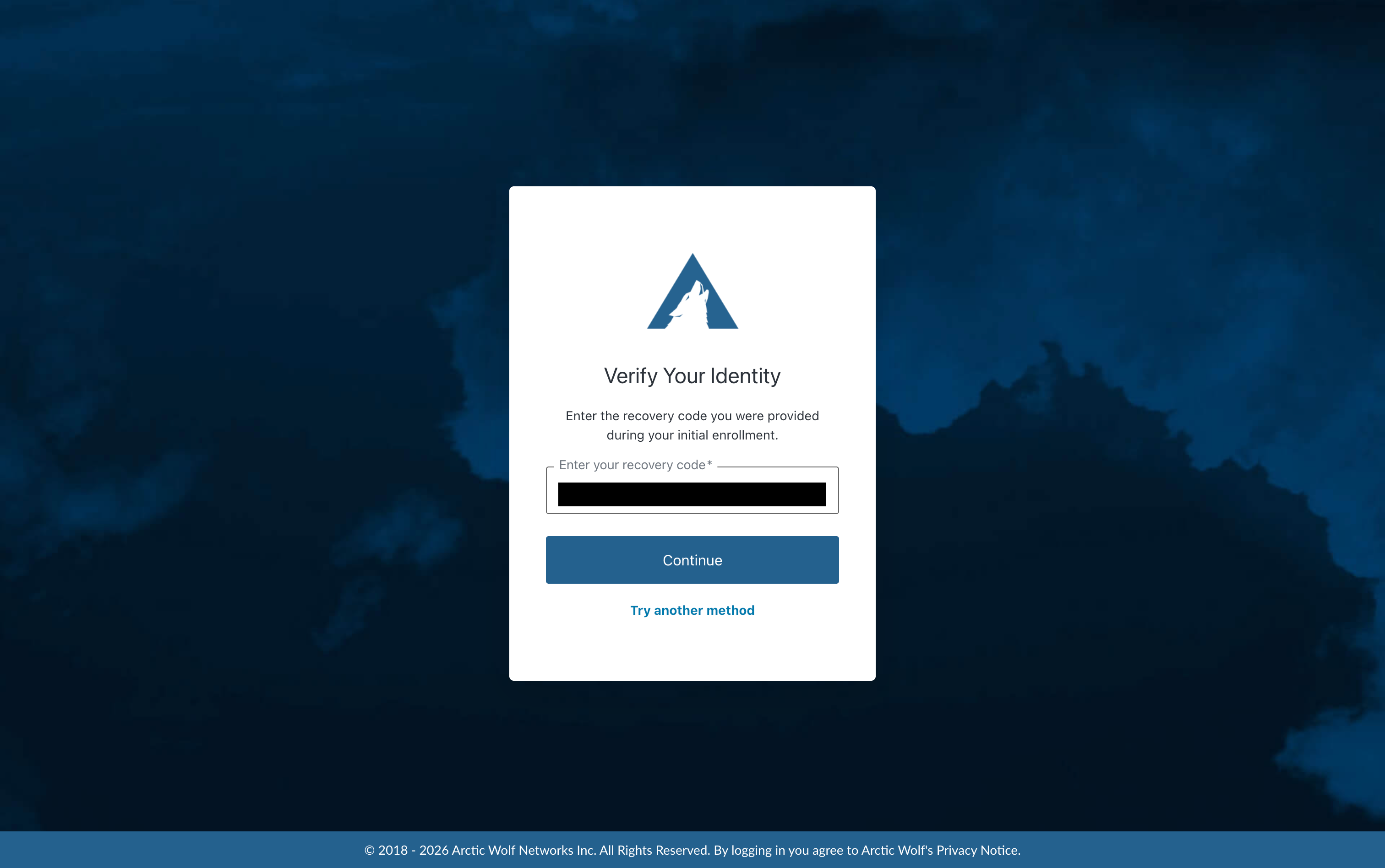 Recovery Code screen