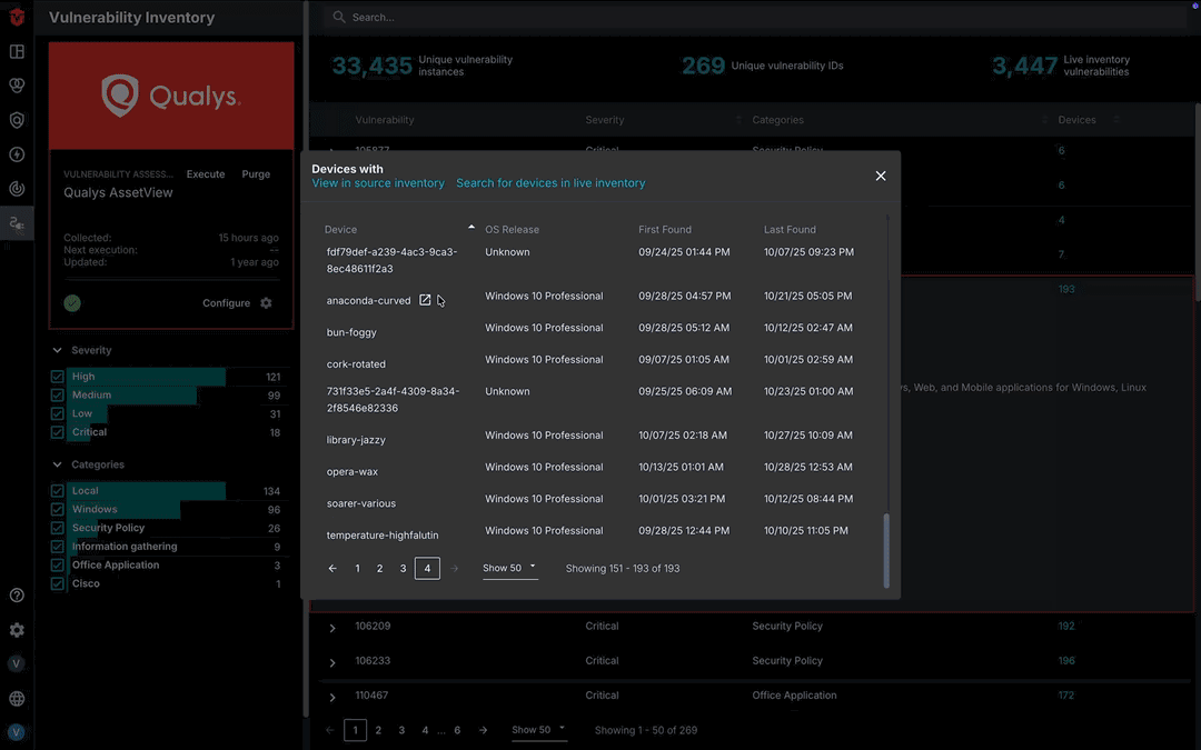 Selecting a Device to view on Live Inventory and Asset Details page