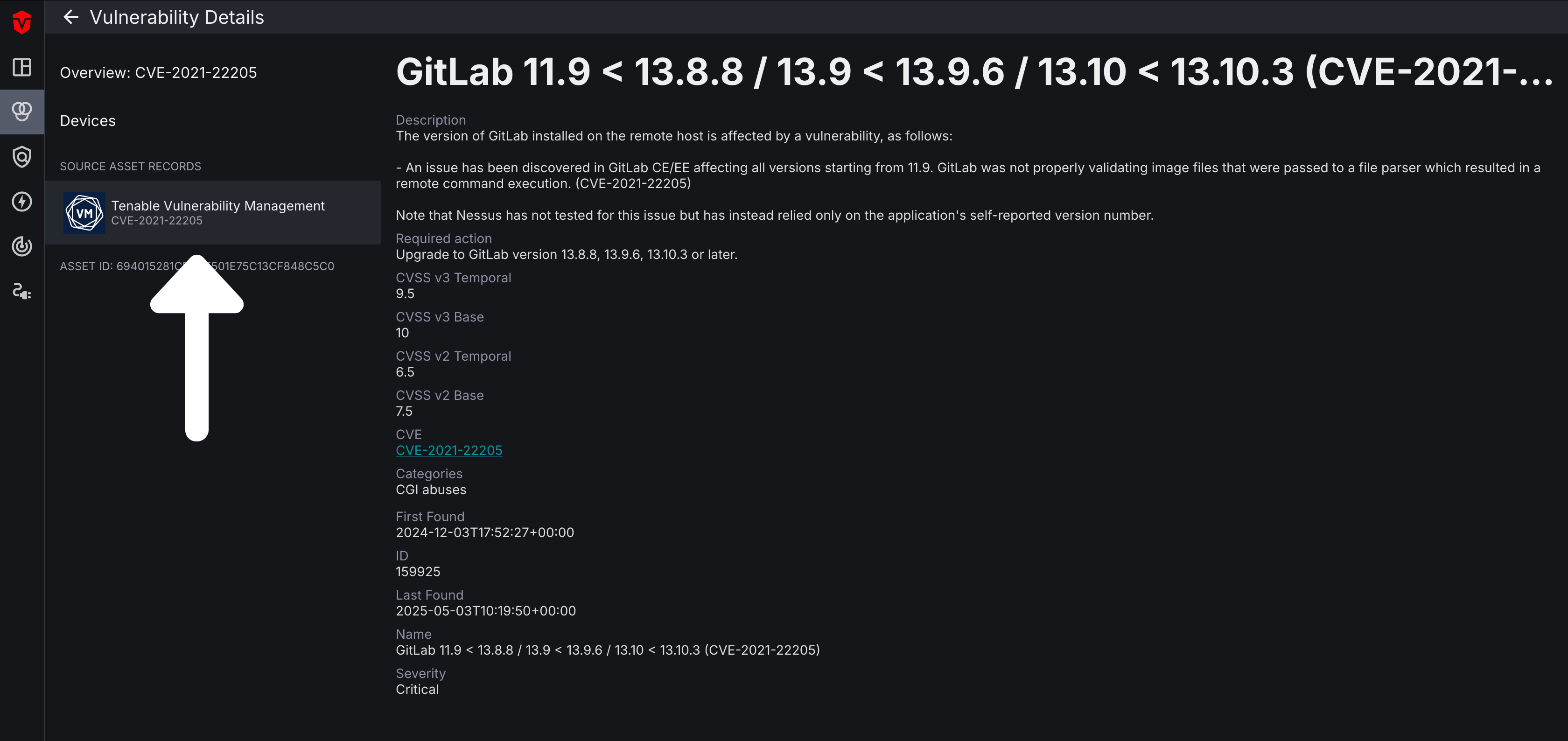 Source Details tab for Vulnerabilities