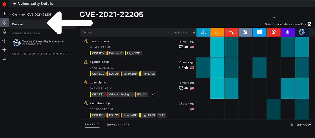 Selecting the Devices tab followed by a link to view Devices in Live Inventory